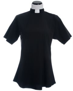 Womens Short Sleeves Tab Collar Clergy Blouse (Black)