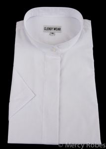 Womens Short Sleeves Full Collar Clergy Shirt (White)