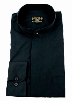 Mens Long Sleeve Standard Cuff Roman Pontiff Full Collar Clergy Shirt (Black)