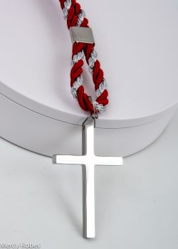 PREMIUM TWO TONE BURGUNDY/SILVER CLERGY CORD WITH STAINLESS STEEL CROSS