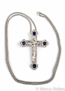 PECTORAL CROSS WITH CHAIN STYLE SBATS013 SR (ROYAL BLUE STONE)