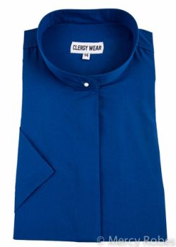Womens Short Sleeves Full Collar Clergy Shirt (Royal Blue)